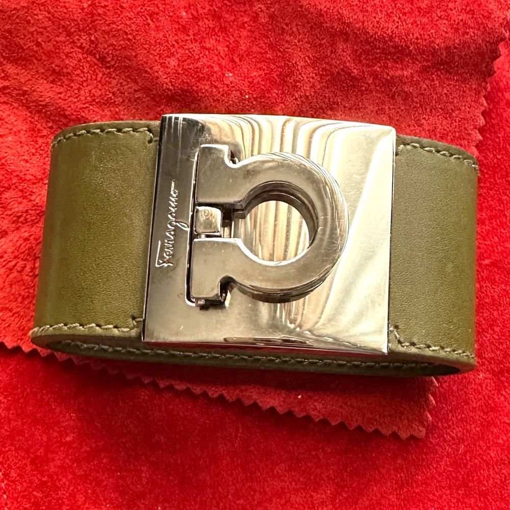 Salvatore Ferragamo Gancini Olive Leather Bracelet